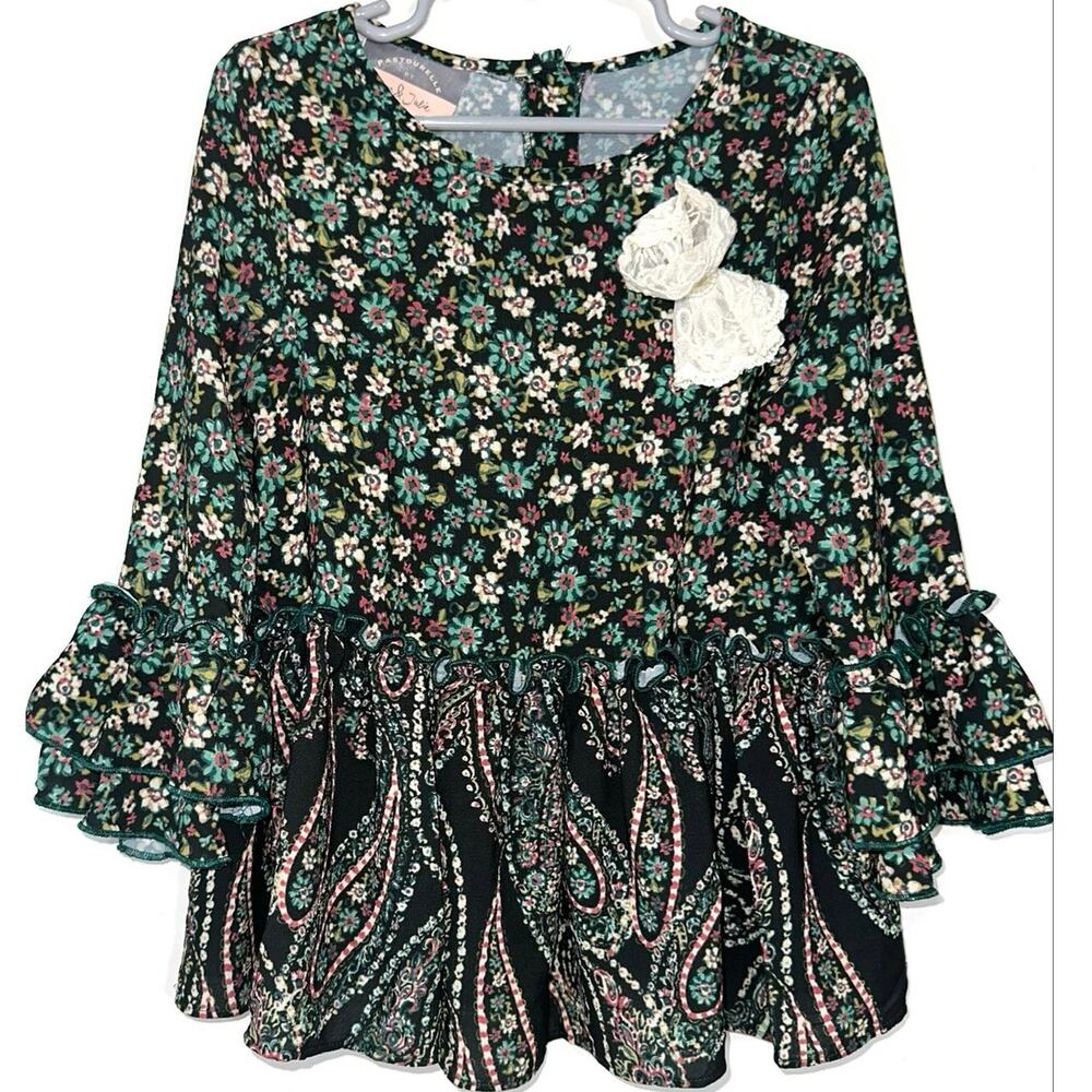 Pastourelle by Pippa & Julie Girls Green Floral Paisley Bell Sleeve Dress Size 6